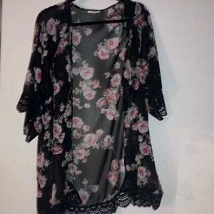 Sheer floral cardigan with lace